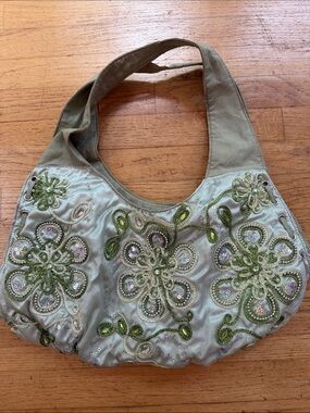 Embroidered Floral Shoulder Bag in Sage Green